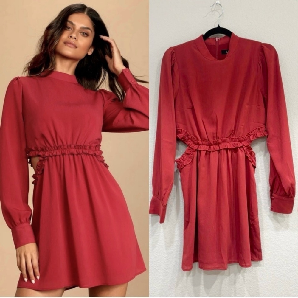 NWOT Lulus Autumn Bliss Rusty Rose Long Sleeve Cutout Mini Dress